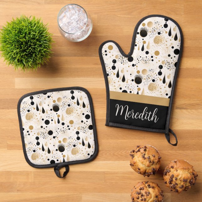 Black Gold Abstract Custom Name Gift Oven Mitt & Pot Holder Set (Top Down)