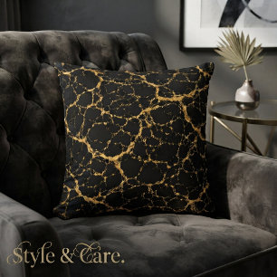 Black Gold Abstract Gilded Stone Vein Pattern Cushion