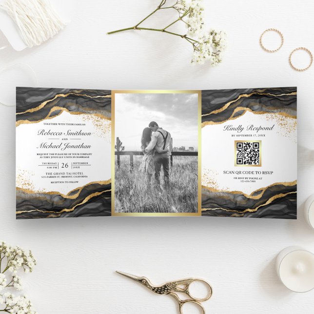 Black Gold Abstract Ink QR Code Wedding Tri-Fold Invitation (Creator Uploaded)