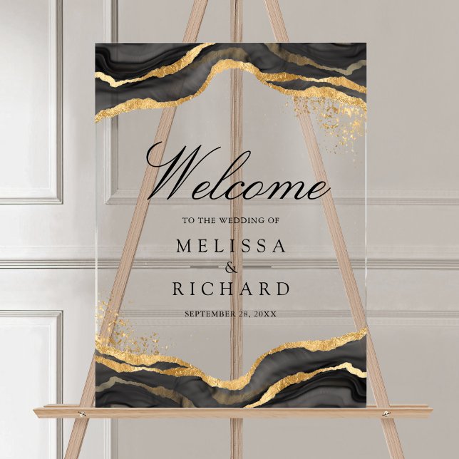 Black Gold Abstract Ink Wedding Welcome Acrylic Sign (Creator Uploaded)
