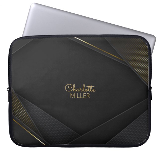 Black-Gold Abstract Lines with Custom Name Laptop Sleeve (Front)