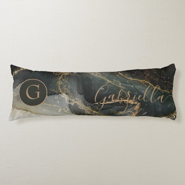 Black Gold Abstract Marble Monogram Body Cushion (Front)