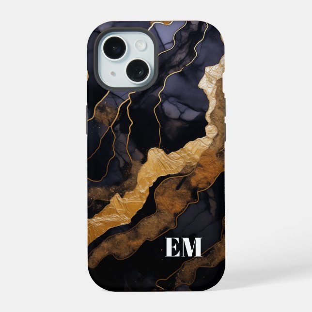 Black Gold Abstract Marble Monogram Initials iPhone 15 Case (Back)
