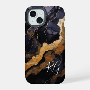 Black Gold Abstract Marble Monogram Initials iPhone 15 Case