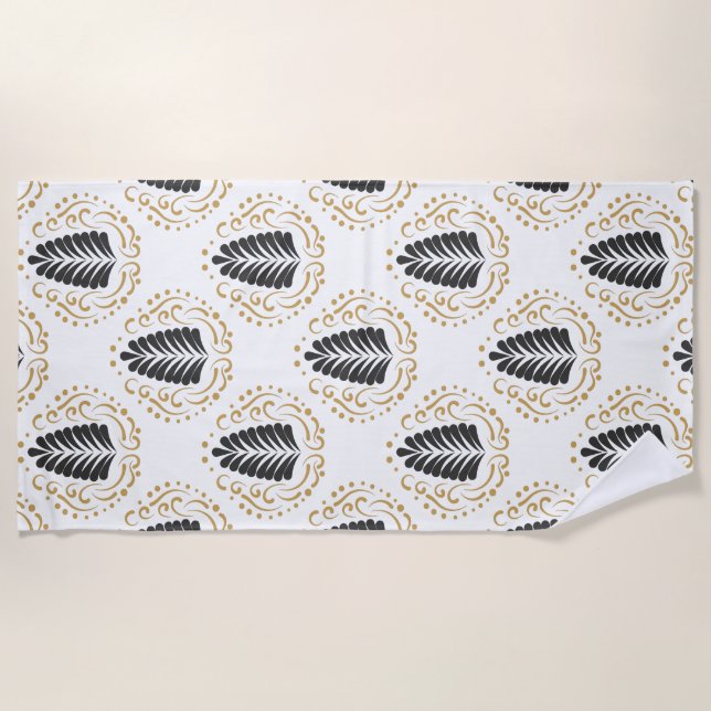 Black & Gold Abstract Paisley Leafs Pattern Beach Towel (Front)