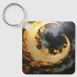 Black Gold Abstract Swirl Modern Moon Key Ring