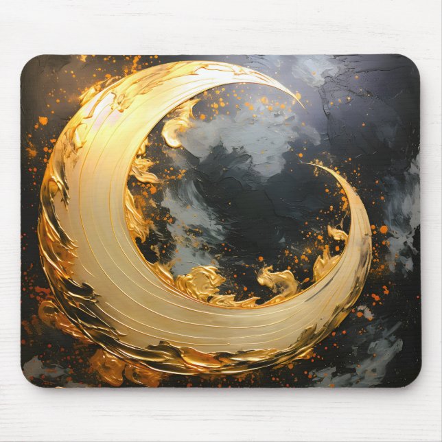 Black Gold Abstract Swirl Modern Moon Mouse Mat (Front)