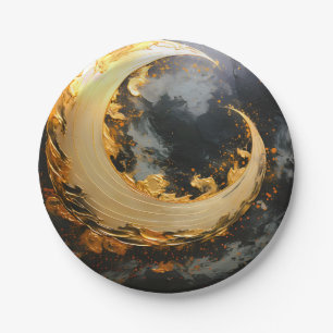 Black Gold Abstract Swirl Modern Moon Paper Plate