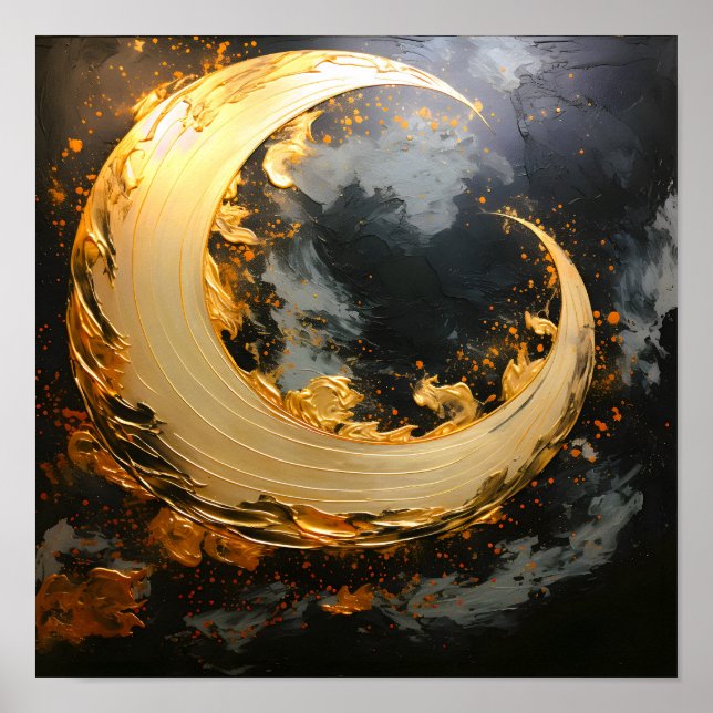 Black Gold Abstract Swirl Modern Moon Poster (Front)