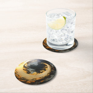 Black Gold Abstract Swirl Modern Moon Round Paper Coaster