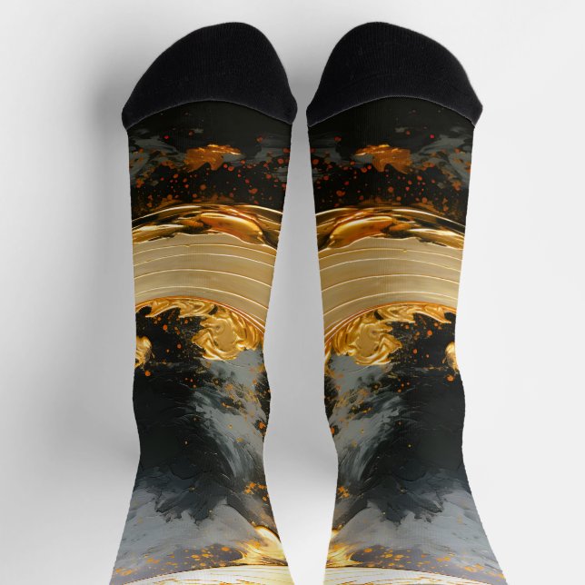 Black Gold Abstract Swirl Modern Moon Socks (Top)