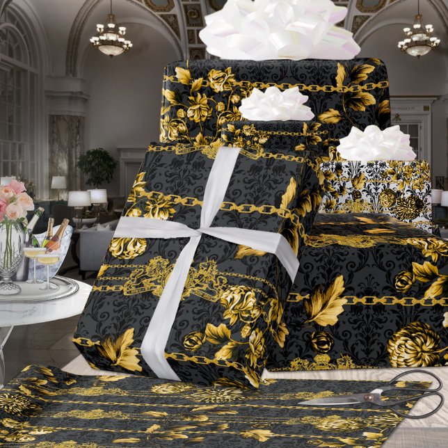 Black Gold Acanthus Leaf Chains Floral Gold Black Wrapping Paper (Creator Uploaded)