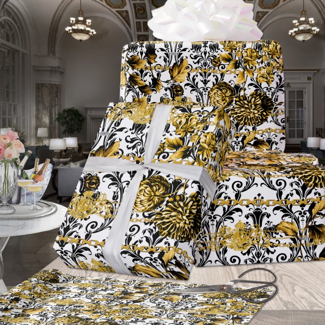 Black Gold Acanthus Leaf Chains Floral Gold White Wrapping Paper (Creator Uploaded)