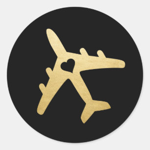 Black Gold Aeroplane Heart Travel Theme Favour Classic Round Sticker