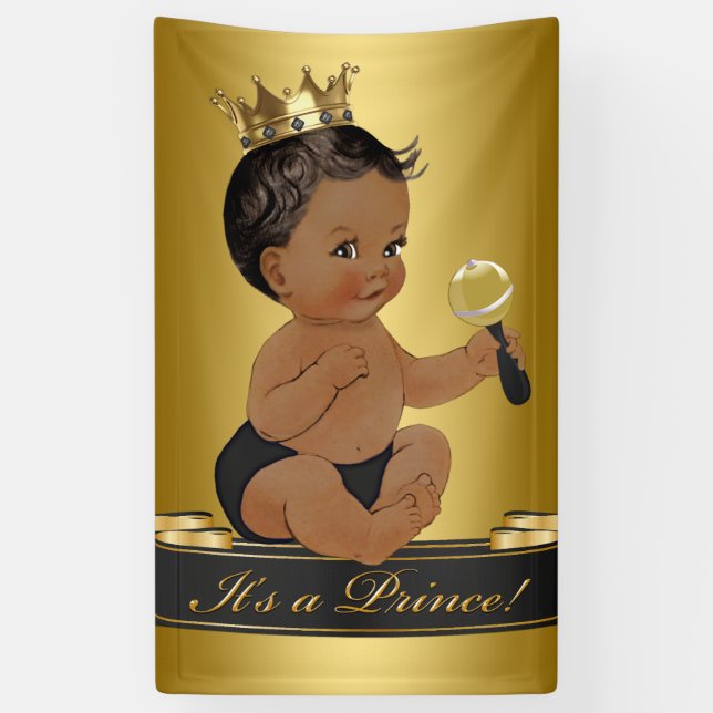Black Gold African American Prince Boy Baby Shower Banner (Vertical)