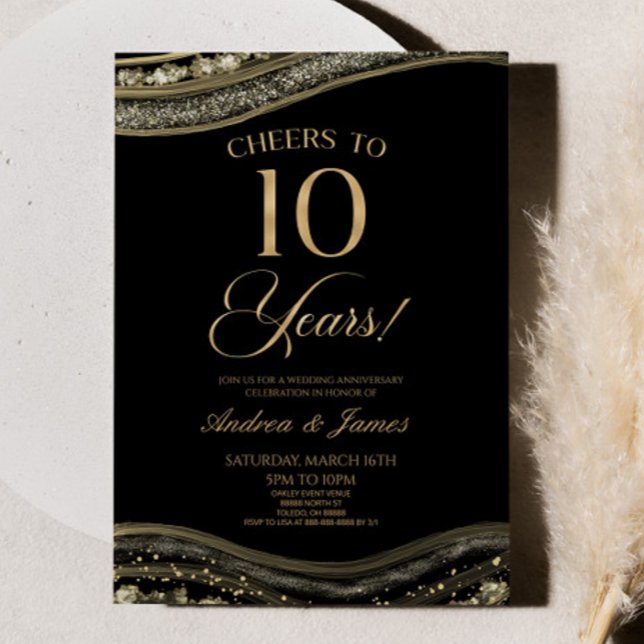 Black Gold Agate 10th Wedding Anniversary Party Invitation (Creator Uploaded)