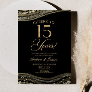 Black Gold Agate 15th Wedding Anniversary Party Invitation