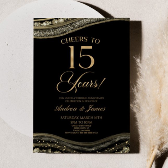 Black Gold Agate 15th Wedding Anniversary Party Invitation (Creator Uploaded)