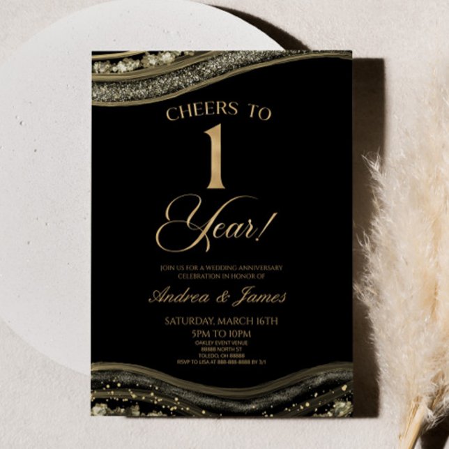 Black Gold Agate 1st Wedding Anniversary Party Invitation (Creator Uploaded)