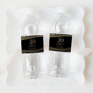 Black Gold Agate 20th Wedding Anniversary Party Water Bottle Label