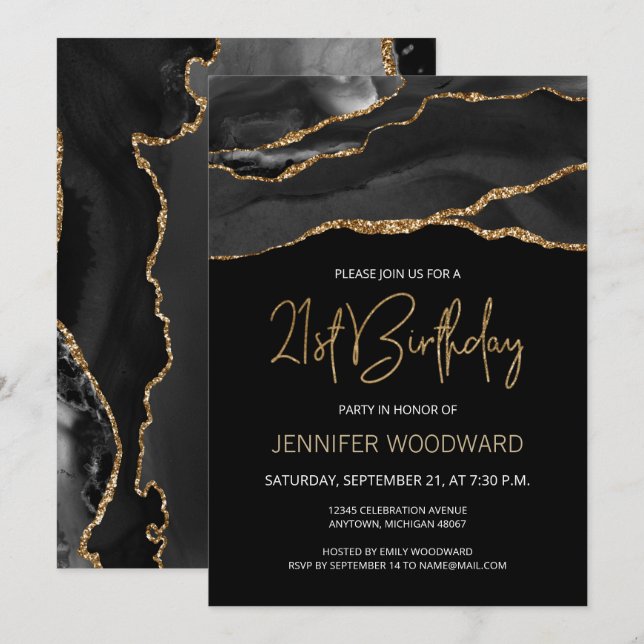 Black Gold Agate 21st Birthday Party (Front/Back)