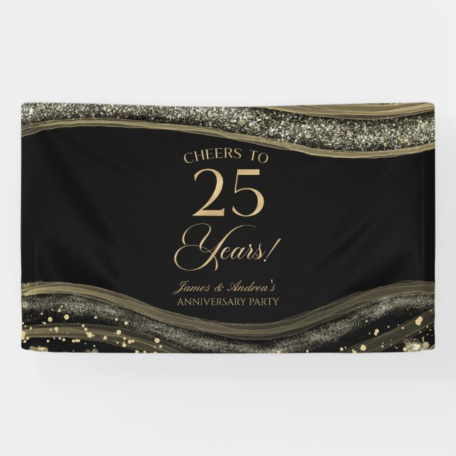 Black Gold Agate 25th Wedding Anniversary Party Banner (Horizontal)