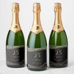 Black Gold Agate 25th Wedding Anniversary Party Sparkling Wine Label