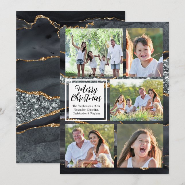 Black Gold Agate 5-Photo Merry Christmas Invitation (Front/Back)