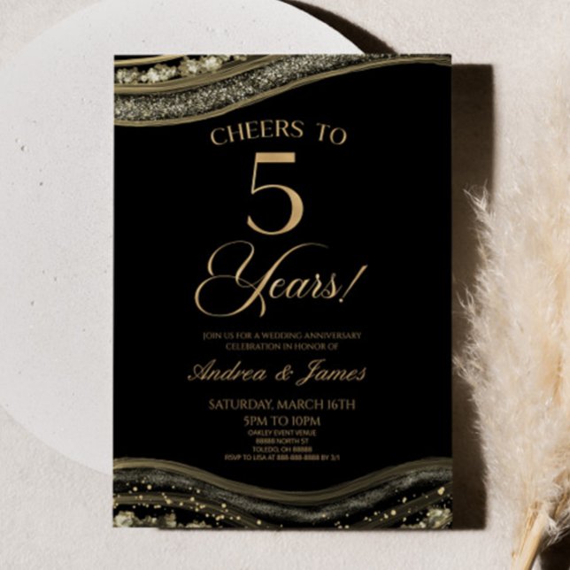 Black Gold Agate 5th Wedding Anniversary Party Invitation (Creator Uploaded)