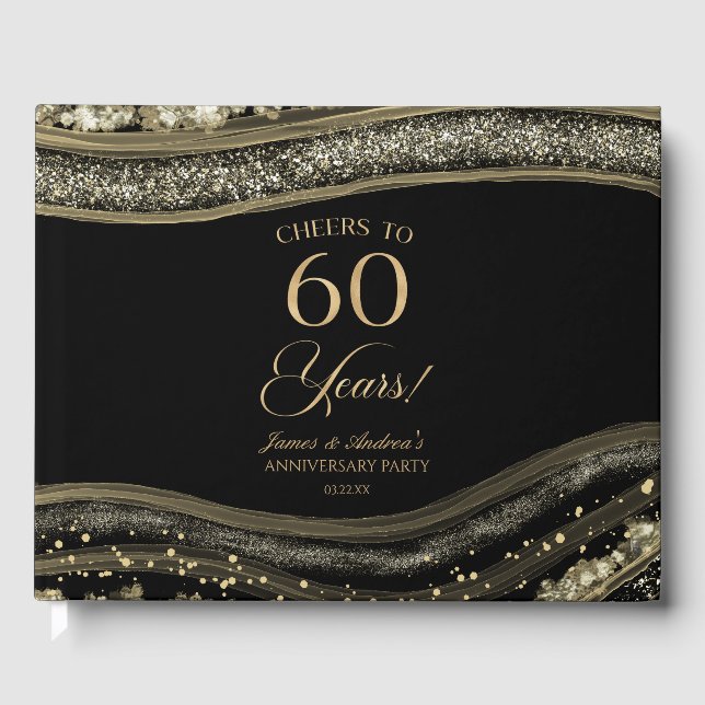 Black Gold Agate 60th Wedding Anniversary Party Guest Book (Front)