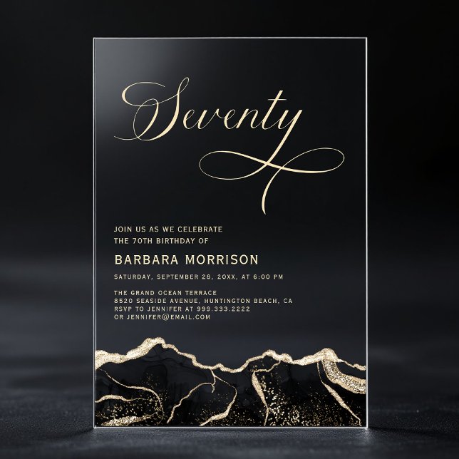 Black Gold Agate 70th Seventy Birthday Party Acrylic Invitations (Creator Uploaded)