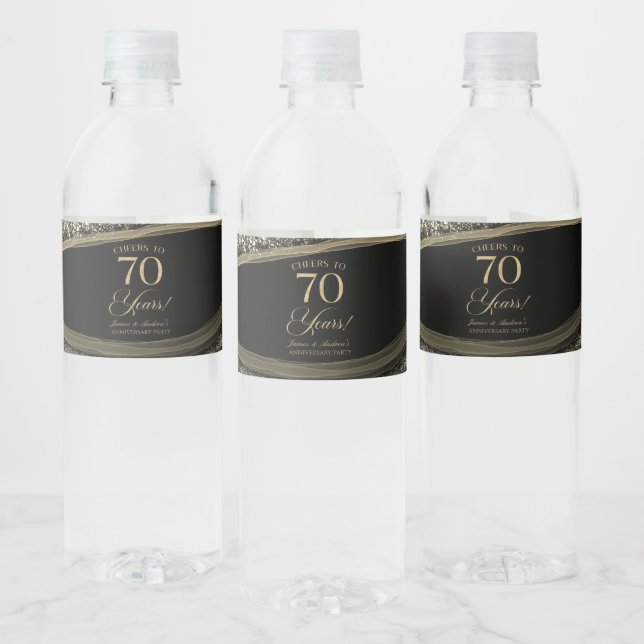 Black Gold Agate 70th Wedding Anniversary Party Water Bottle Label (Bottles)