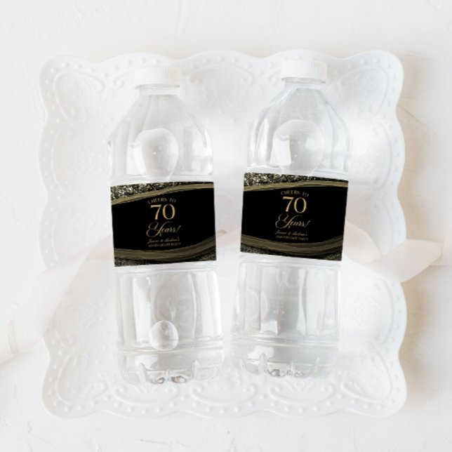 Black Gold Agate 70th Wedding Anniversary Party Water Bottle Label (Creator Uploaded)