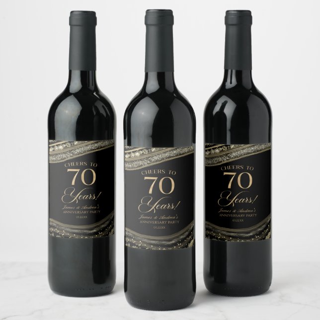 Black Gold Agate 70th Wedding Anniversary Party Wine Label (Bottles)