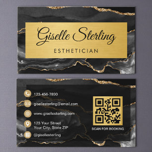 Black Gold Agate Aesthetician Glitter QR Code Business Card