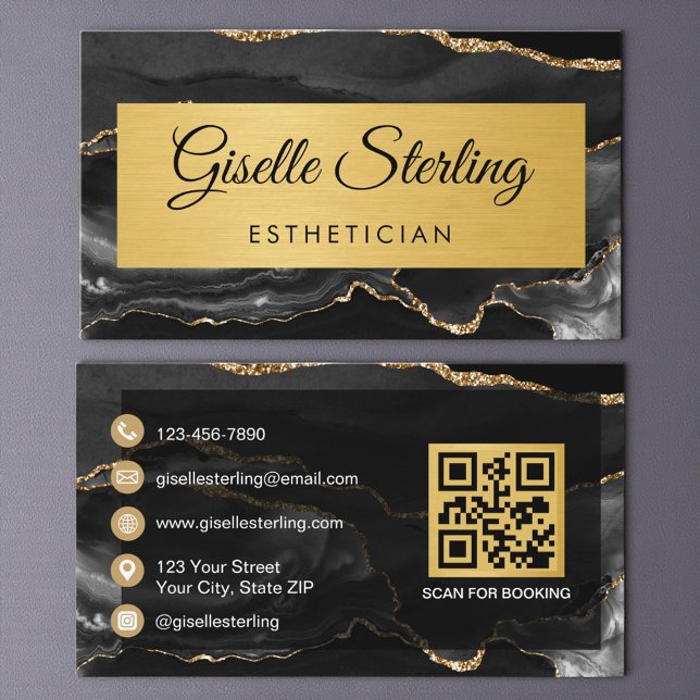 Black Gold Agate Aesthetician Glitter QR Code Business Card (Creator Uploaded)