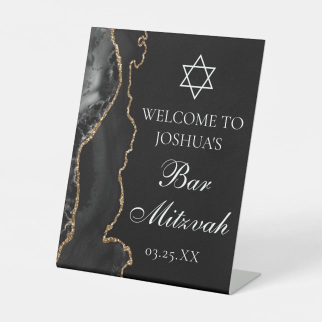 Black Gold Agate Bar Mitzvah Party Welcome Pedestal Sign (Front)