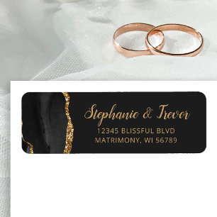Black Gold Agate Brush Wedding Return Address