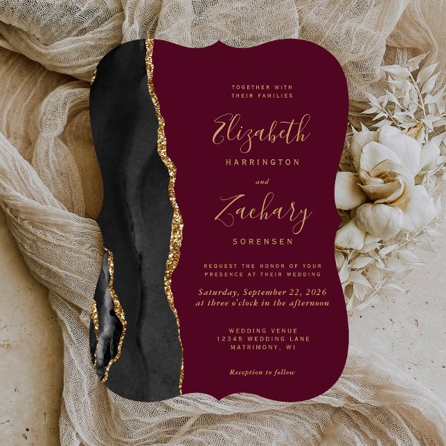 Black Gold Agate Burgundy Red Bracket Wedding Invitation (Creator Uploaded)