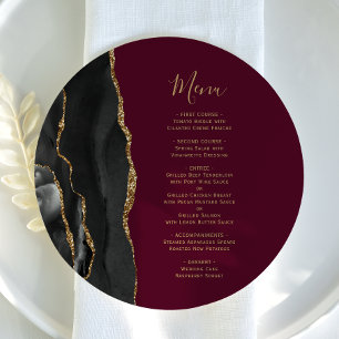 Black Gold Agate Burgundy Round Plate Wedding Menu