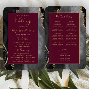 Black Gold Agate Burgundy Wedding Program Hand Fan