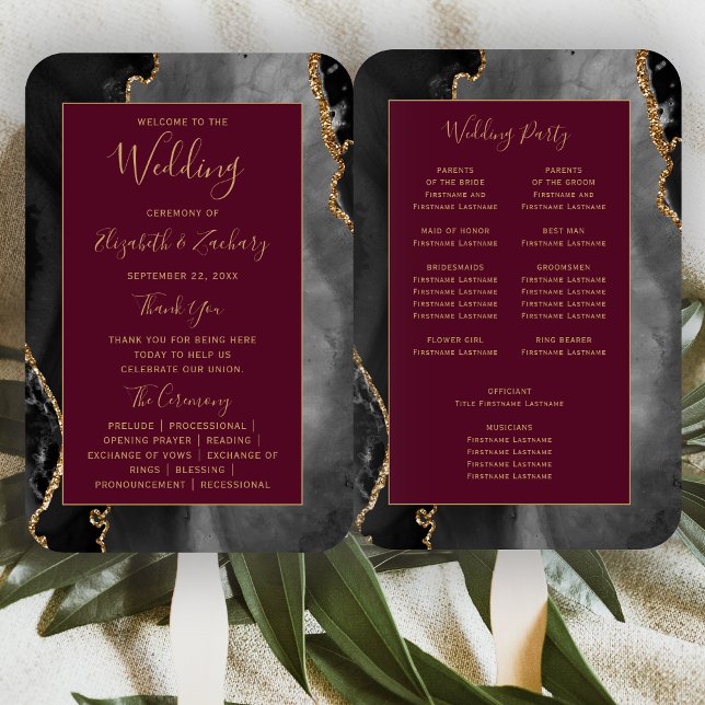 Black Gold Agate Burgundy Wedding Program Hand Fan (Creator Uploaded)