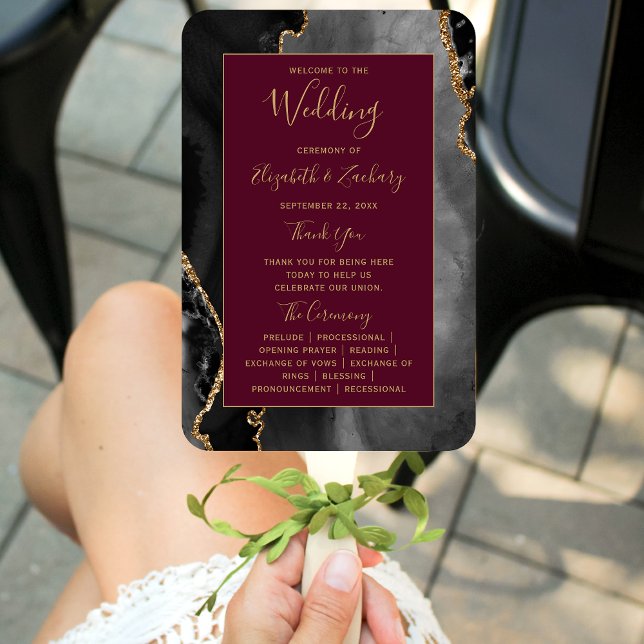 Black Gold Agate Burgundy Wedding Program Hand Fan (Creator Uploaded)