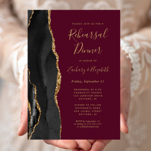 Black Gold Agate Burgundy Wedding Rehearsal Dinner Invitation