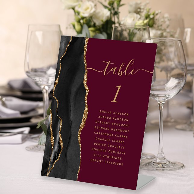 Black Gold Agate Burgundy Wedding Table Number Pedestal Sign (Creator Uploaded)