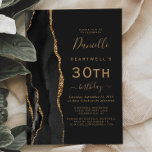 Black Gold Agate Dark 30th Birthday Party Invitation<br><div class="desc">The left-hand edge of this elegant modern 30th birthday party invitation features a black watercolor agate border trimmed with gold faux glitter. The customisable text combines gold-coloured handwriting,  copperplate and italic fonts on a slate black background. The reverse side features a matching black and gold agate design.</div>