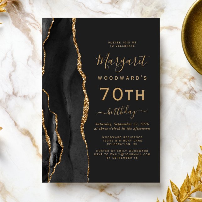 Black Gold Agate Dark 70th Birthday Party Invitation (Creator Uploaded)