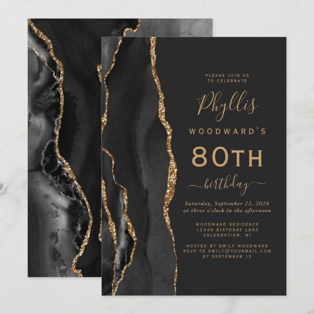 Black Gold Agate Dark 80th Birthday Party Invitation (Front/Back)