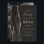 Black Gold Agate Dark 90th Birthday Party Invitation<br><div class="desc">The left-hand edge of this elegant modern birthday party invitation features a black watercolor agate border trimmed with faux gold glitter. The customisable text combines gold-coloured handwriting,  copperplate and italic fonts on a slate black background. The reverse side features a matching black and gold agate design.</div>
