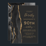 Black Gold Agate Dark 90th Birthday Party Invitation<br><div class="desc">The left-hand edge of this elegant modern birthday party invitation features a black watercolor agate border trimmed with faux gold glitter. The customisable text combines gold-coloured handwriting,  copperplate and italic fonts on a slate black background. The reverse side features a matching black and gold agate design.</div>